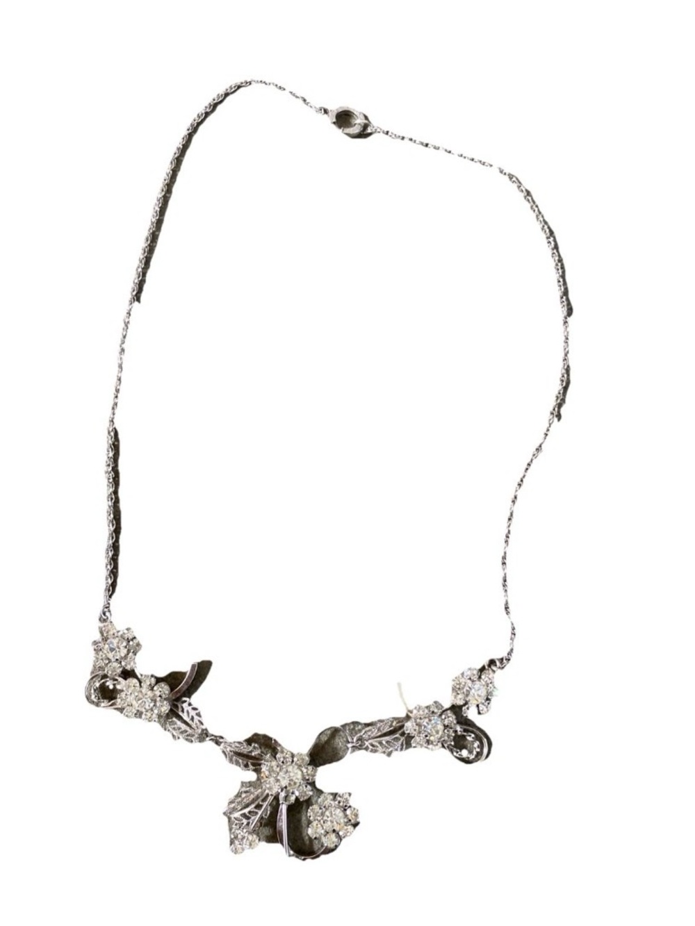 Vintage Star-Art Sterling Silver Necklace Floral Rhinestone Romantic NG